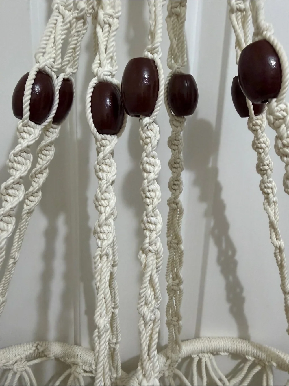 2 Vtg Macramé Hanging Planters 2 tier Pot Holders Cream Rope/Wood Beads, Tassels
